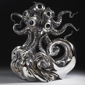 A highly detailed sculpture of a multi-eyed, tentacled metal mon...