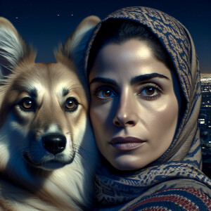 actress posing with her favorite familiar, both looking at camer...