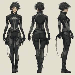 A digital art character design sheet showcasing a futuristic fem...