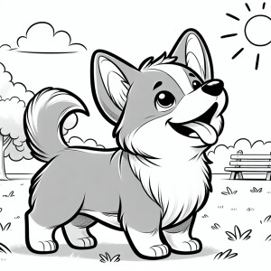 Design a coloring book page featuring a Pembroke Welsh Corgi in...