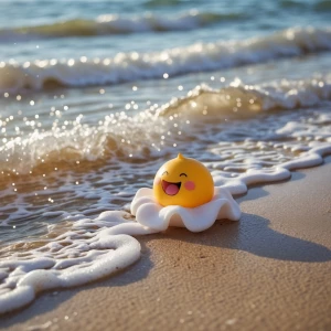Imagine a cheerful scene on the beach where the gentle waves bru...