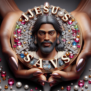 A 3D realistic artwork featuring the phrase 'Jesus Saves' adorne...