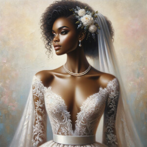 A hyper-realistic oil painting of an African American bride standing gracefully. She has a radiant complexion with a warm, glowing skin
tone. Her hair is styled in an elegant updo adorned with delicate white flowers. The bride is wearing a stunning, intricately detailed lacewedding gown with a subtle shimmer, capturing the light beautifully.The gown features a classic silhouette with a modern twist, including a deep V-neckline and a flowing train. She is also wearing a delicate pearl necklace and small, elegant earrings that add a touch ofsophistication. The background is a soft, romantic blur of pastelcolors, enhancing the focus on the bride and her exquisite bridal
attire. The painting should exude elegance, capturing the rich textures and vibrant details characteristic of oil paintings, with a particular emphasis on the fabric of the dress, the hairstyle, and the subtle a African-American Jesus Christ is in the background looking on