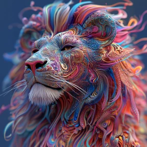 Create a 3D-rendered 8k UHD image of a lion with an extremely detailed, oversized psychedelic mane, incorporating vibrant colors and intricate patterns to emphasize a professional level of detail.