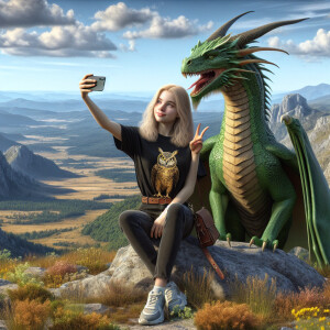 A photo-realistic image of a blonde girl taking a selfie with a...