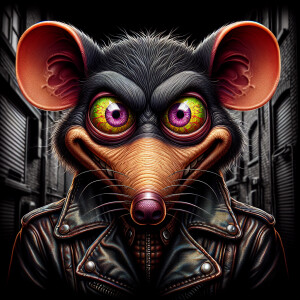An evil cartoonish rat with bulging eyes, wearong leather in a g...