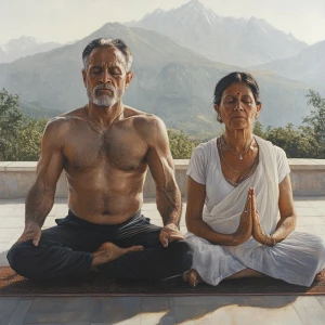 Realism art 1:1,A muscular beefy sweaty  man and his 50-year-old...