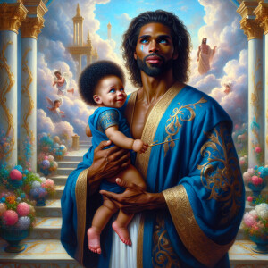 Classical oil painting style depicting an African-American Jesus...