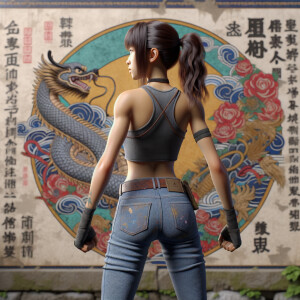 Athletic Thin skinny Attractive, Asian teenage girl, long brown hair and bangs, wearing tight skinny jeans and a halter top paint marks on her clothing, heroic pose Asian graffiti background, backside view