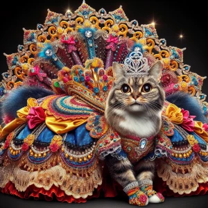 A joyful cat dressed as a queen in an elaborate, multicolored ro...