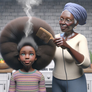 Create a realistic 3-D image of an african-American grandmother in the kitchen with her african-American granddaughter. The grandmother has a hot comb in her hair and she is straightening her granddaughters hair. One side of her granddaughters hair is in  a Afro the other is bone straight 
There is smoke coming from the hot comb