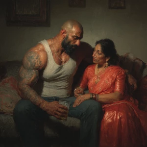 Realism,painting.a muscular beefy sweaty tattoed indian man sitt...