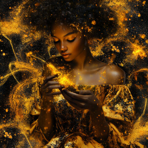 Portrait of a female sorceress in a void, surrounded by glowing...