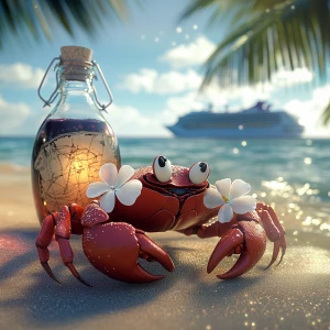 Cute female red crab with coconut shell on her back, white flowe...