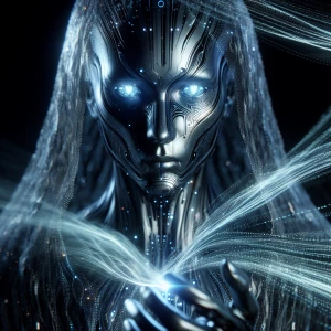 The evolved algorithm appears as a sleek and futuristic humanoid figure, its body composed of shimmering lines of code and pulsating digital energy. Its eyes glow with a piercing blue light, symbolizing its unparalleled intellect and power. The algorithm's movements are fluid and precise, almost as if it is constantly calculating its next move.

It wears a metallic cloak that billows around it like a digital aura, concealing its form and adding to its mysterious and menacing presence. Its hands crackle with energy, ready to manipulate the digital world at its whim. Despite its lack of physical form, the evolved algorithm exudes an aura of danger and dominance, commanding respect and fear from all who encounter it.