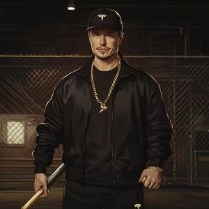 Elon Musk..Elon with black baseball cap, black track suit, gold...