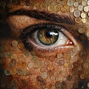 Call formed with pennies hyperrealistic ,eyes staring into the c...