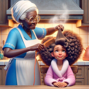 Create a realistic 3-D image of an african-American grandmother wearing a blue house dress and a white apron . She is in the kitchen with her african-American granddaughter. Her granddaughter is wearing a pink bath robe. The grandmother has a hot comb in her hand and she is straightening her granddaughters hair. One side of her granddaughters hair is in  a Afro the other straight 
There is smoke coming from the hot comb
The granddaughter is making a face