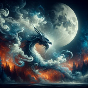 Beautiful epic Dragon made of smoke in front of the moon, ethere...