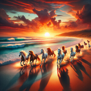 Horses running in the beach at sunset