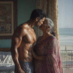 Hyperrealism painting.a muscular sweaty indian  man  standing an...