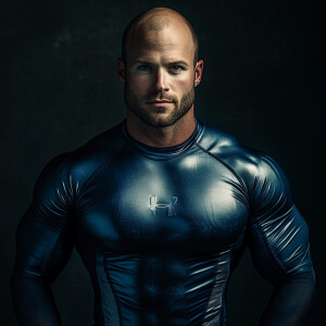 Create a dramatic muscular body childless portrait image of a 35...