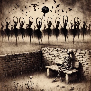 Create a monochrome image depicting a desolate grassy field boun...