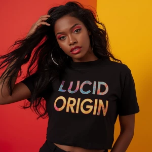 A Black female model wearing a stylish top with the phrase "Luci...