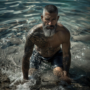 Describe the image of a muscular man with an extensive tattoo on...