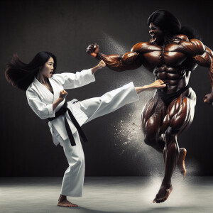 "A female karate instructor executes a precise front snap kick t...