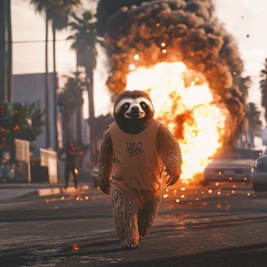 Sloths slerf meme..walking away from cars exploding, 90's clothi...