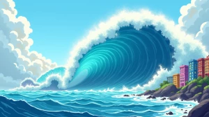 A colossal cartoon-style tsunami wave engulfing a coastal city,...