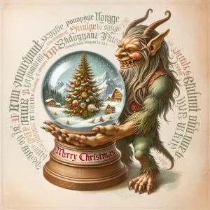 Krampus holds a snow globe in his hand, with a Christmas tree ca...