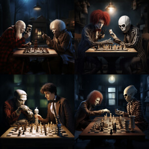 Jack Skellington playing chess with dr who’s Tom baker