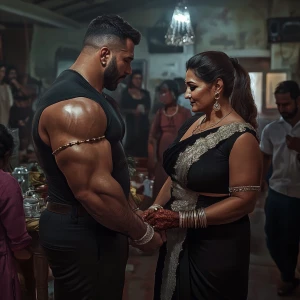 realism fantasy photo , a muscular, sweaty criminal man  greetin...