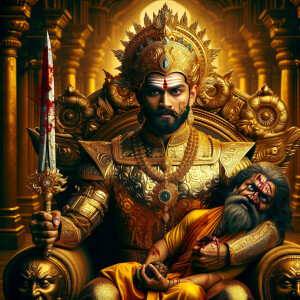 portrait of angry looking muscular goddess durga sitting on a go...