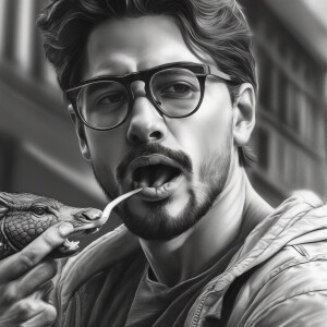 Leon with meat in the mouth