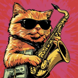 A fluffy orange cat wearing black sunglasses, playing a golden s...