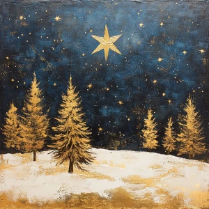 Create an image of a serene Christmas night sky, prominently fea...
