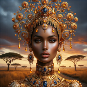 A digital illustration of a Latina woman's portrait with a luxur...
