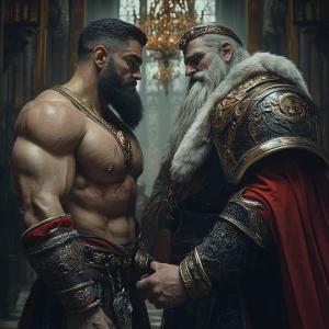 The muscular hairy prince and the king were showing off to each...