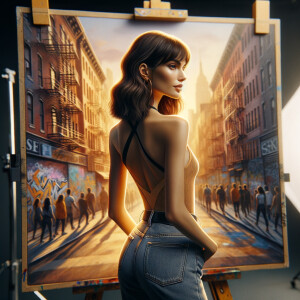 Athletic Thin skinny Attractive, Asian teenage girl, long brown hair and bangs, wearing tight skinny jeans and a halter top paint marks on her clothing, heroic pose Asian graffiti background, backside view