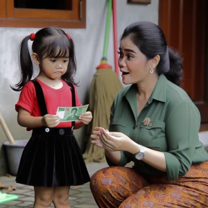 seorang anak Indonesia perempuan kecil berbaju merah, memakai ro...