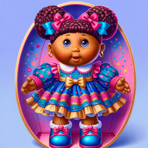 Design a 3-D realistic original African-American Cabbage Patch doll. She has on a blue pink and gold dress with matching booties. She has pink and blue bows in her hair. she lives inside of a colorful dollhouse. She has freckles and big dimples.