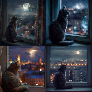 Кот сидит спиной к нам на окне и смотрит на полную луну
За окном...
