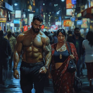 Realistic art,a muscular sweaty criminal walking with his 47 yea...