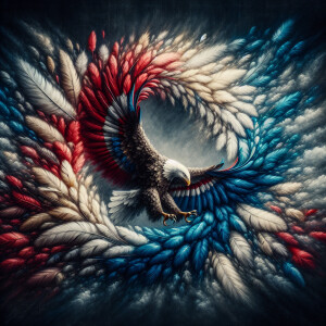 Centered in the image is a wreath made of feathers in the colors...