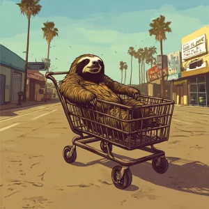 Sloths slerf meme..riding in a shopping cart being chased by cop...