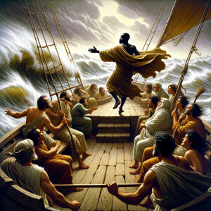 African-American Jesus telling Peter to come walk on the water,...