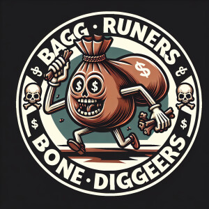 Create a detailed circular logo with a horror theme, depicting a...